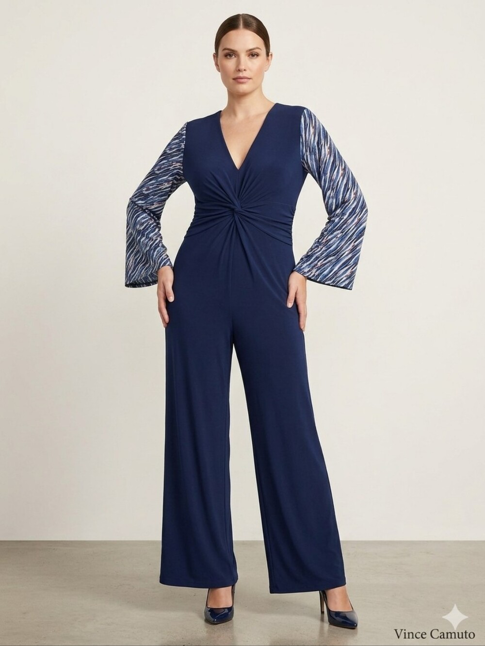 Vince Camuto Twist Knot Wide Leg Jumpsuit Blue Printed Bell Sleeve Medium/large